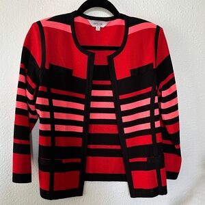 Misook Petite Medium Red Black Knit Open Front Jacket Cardigan